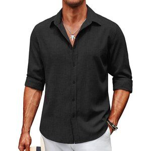 Men Black Long Sleeve Button Down Linen Shirt Casual Untucked Chambray Shirt